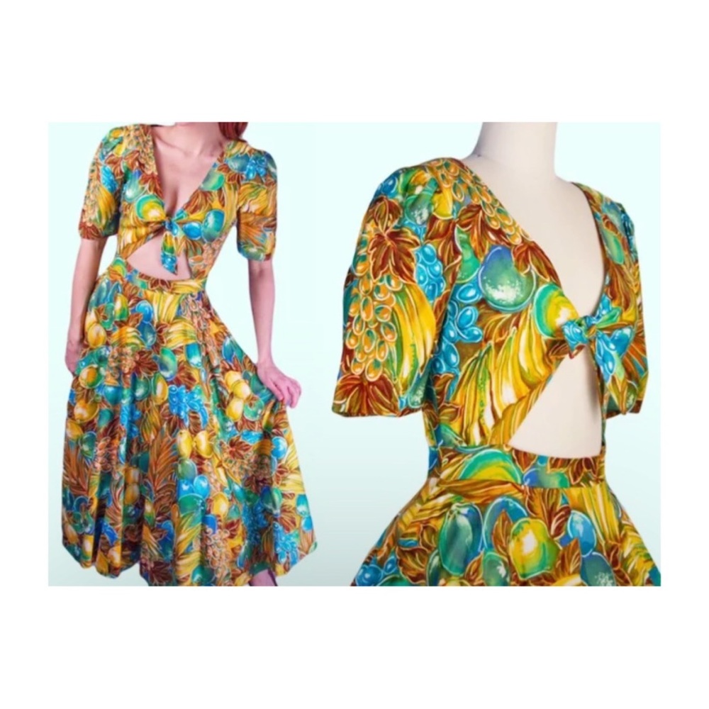 Vintage Rimini 80s does 50s Fit and Flair Dress cut out bodice with tie fruit